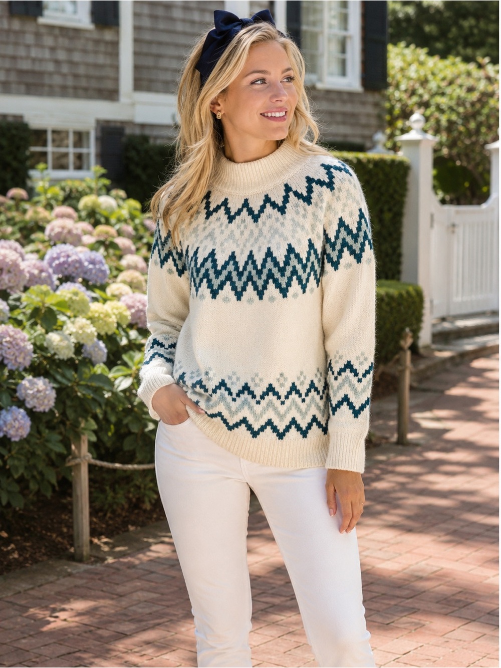 RACHEL ZOE Cream and Green Chevron Mock Neck Costal Fair Isle Sweater, S